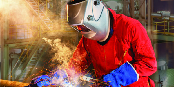 engineer contractor with appropriate safety gear soldiering metal