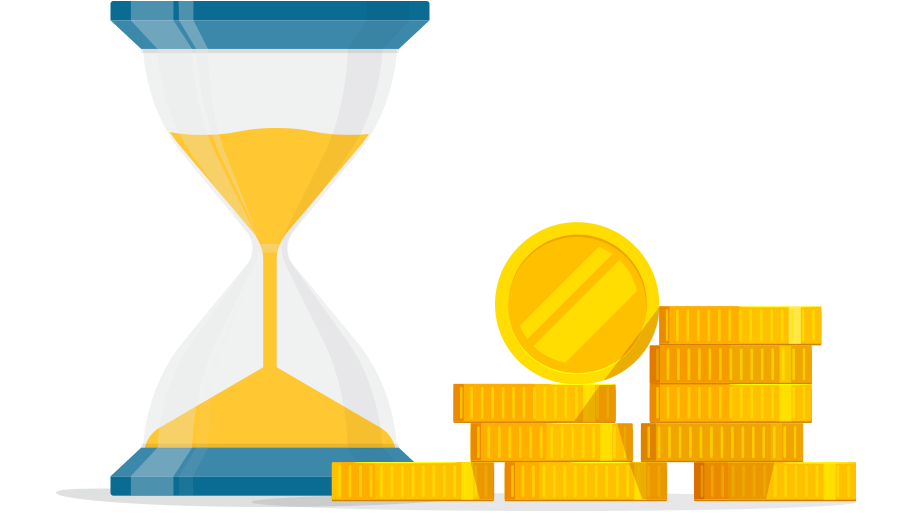 hourglass graphic with coins and countdown