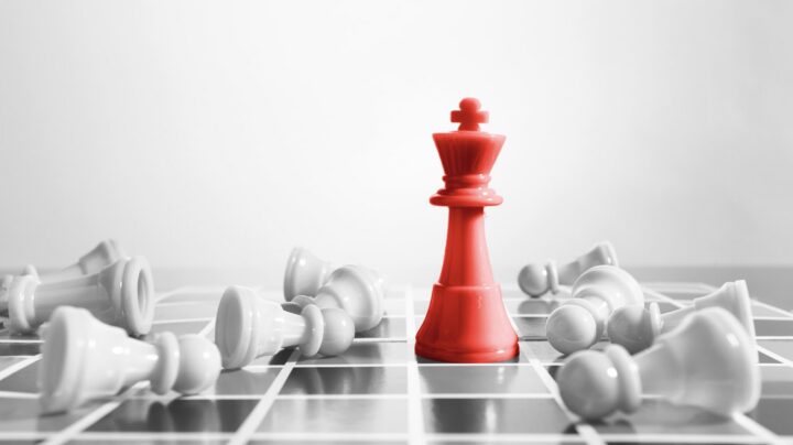chess board with the king piece in bright color and every other down