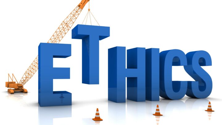 crane lifting graphic blocks of each letter in ethics