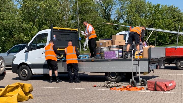 Van with workers on the road