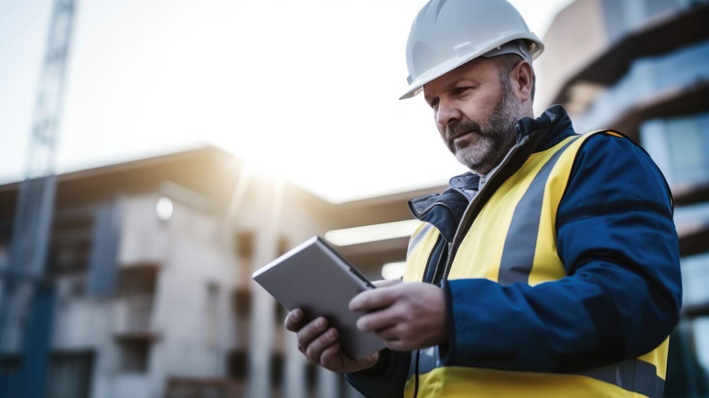 Smart Construction Project management system concept, Engineer using a digital tablet on a construction site.