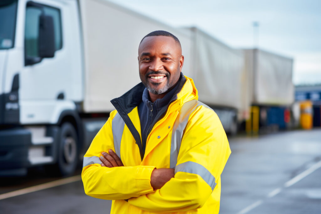 Portrait of a proud smiling male transportation inspector standing in front of transport trucks