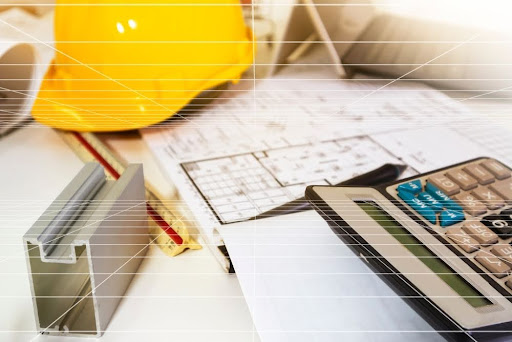 construction work - blueprints, hard hat etc