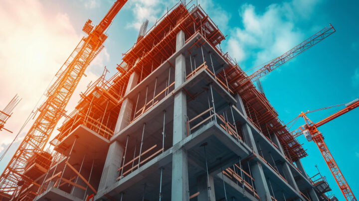 Crane and building construction site