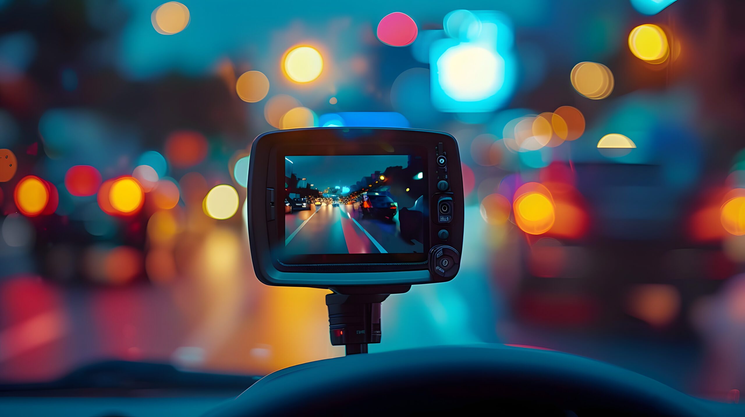 Recording Traffic Situations While Driving Car Camcorder for Cars and Trucks. Concept Smart Car Cameras, Daily Commute Recording, Dashcam Safety Proof, Vehicle Surveillance Systems