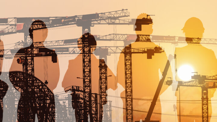 multiexposure construction industrial background of shadow of construction project engineers and workers overlay with silhouette construction project site background